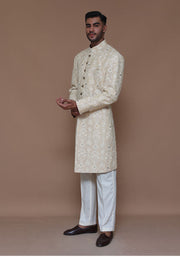 Royal Pakistani Groom Dress in Cotton Net Sherwani Style