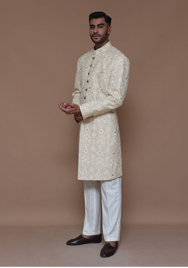Royal Pakistani Groom Dress in Cotton Net Sherwani Style