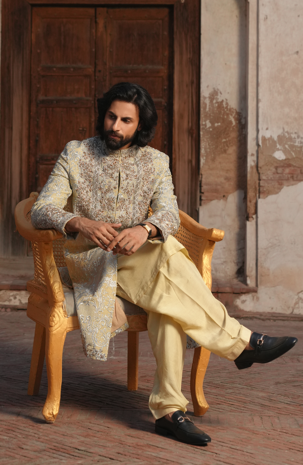 Royal Pakistani Groom Dress in Light Beige Sherwani Style
