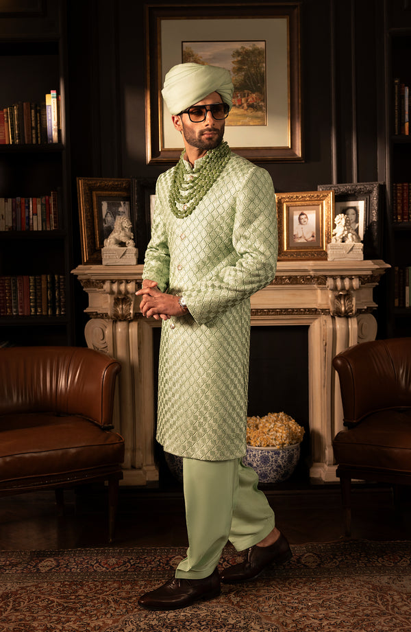 Royal Pakistani Groom Dress in Mint Green Sherwani Style