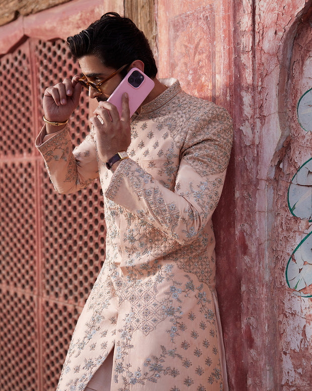 Royal Pakistani Groom Dress in Peach Raw Silk Sherwani Style
