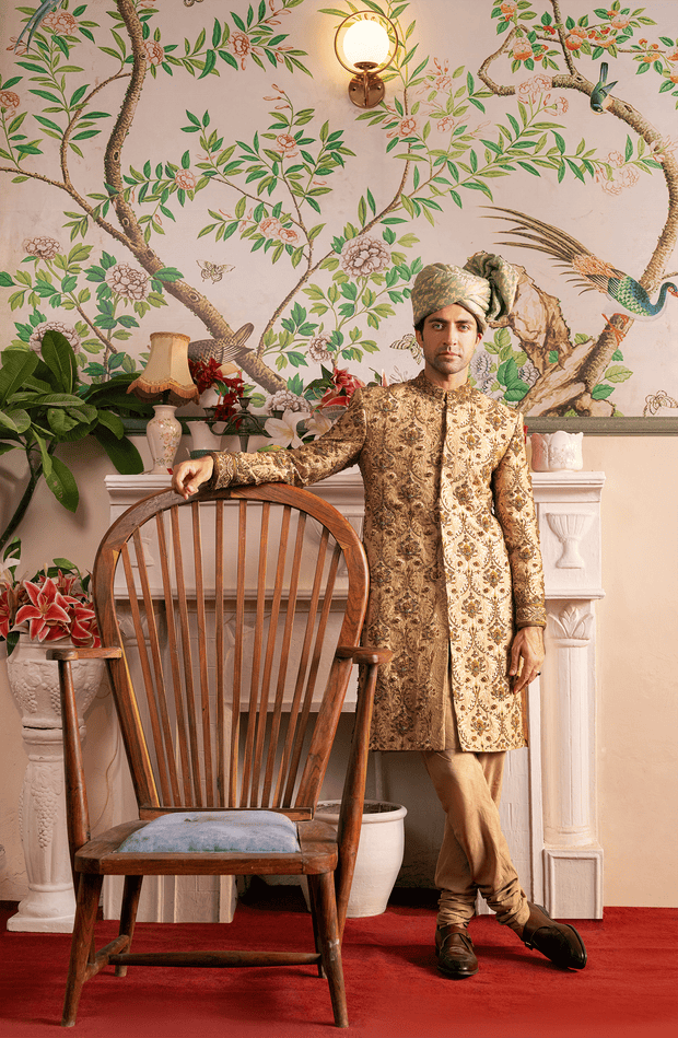 Pakistani Groom Dress in Royal Beige Sherwani Style