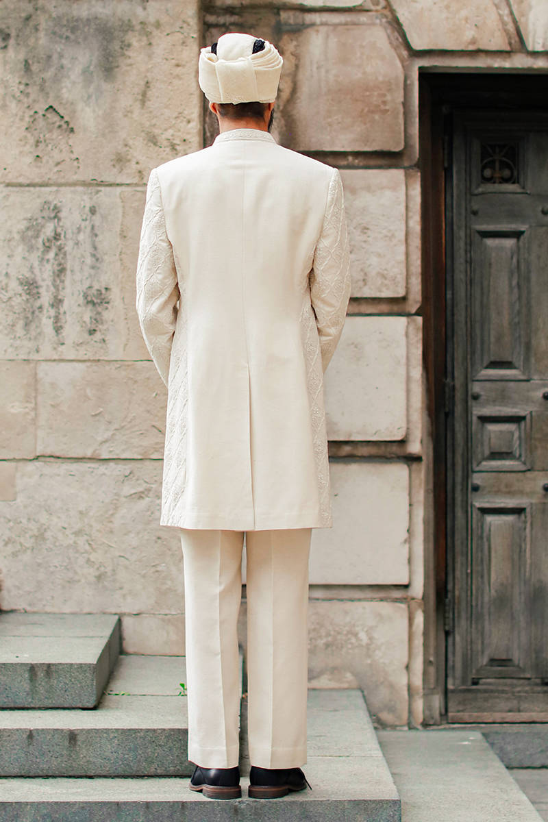 Royal Pakistani Groom Dress in White Karandi Sherwani Style