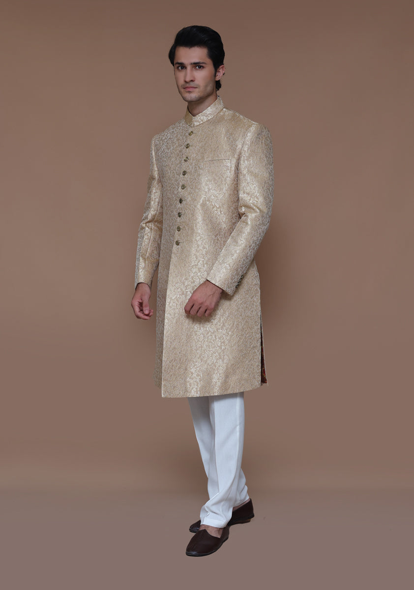 Royal Pakistani Groom Dress in Zari Jamawar Sherwani Style