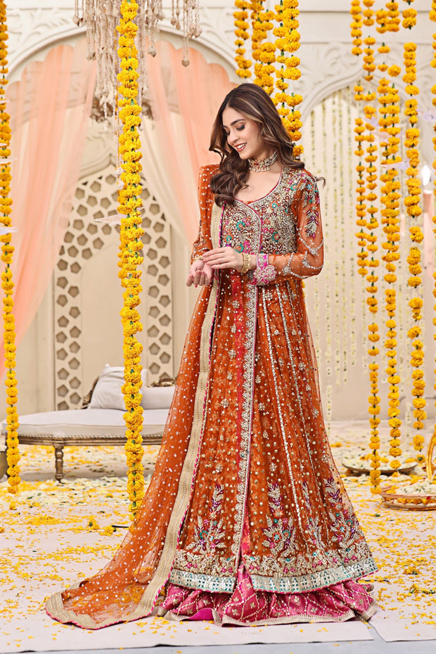 Royal Pakistani Mehndi Dress in Angrakha and Lehenga Style