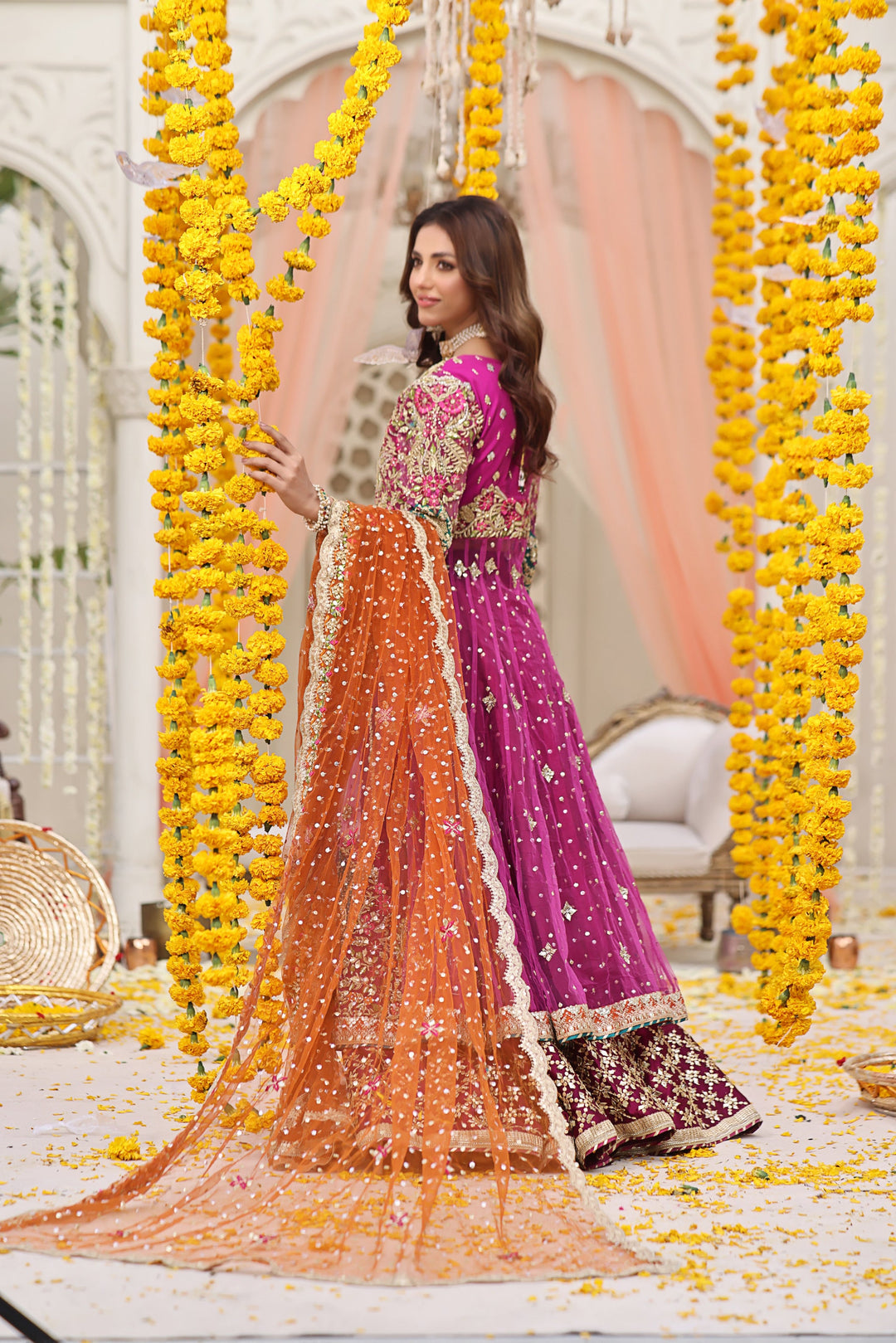 Royal Pakistani Mehndi Dress in Magenta Pishwas Lehenga Style