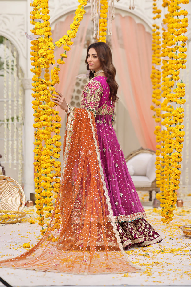 Royal Pakistani Mehndi Dress in Magenta Pishwas Lehenga Style