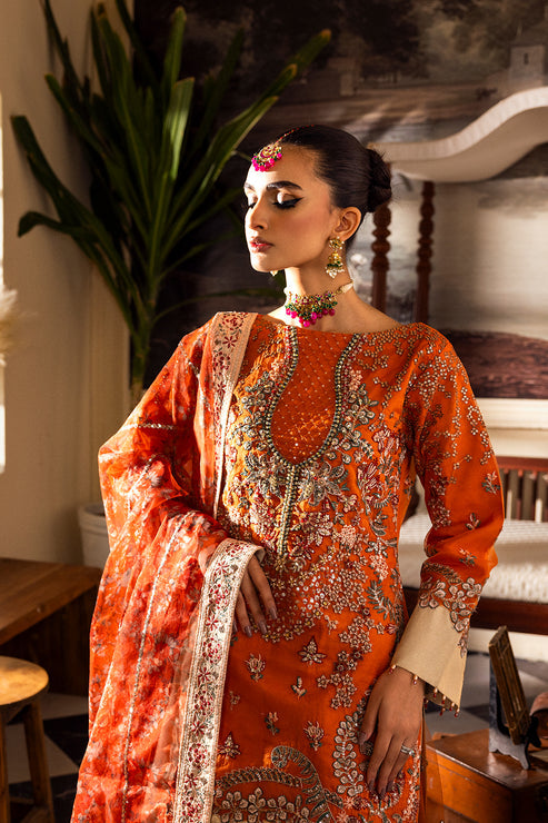 Royal Pakistani Party Dress in Orange Kameez Sharara Style