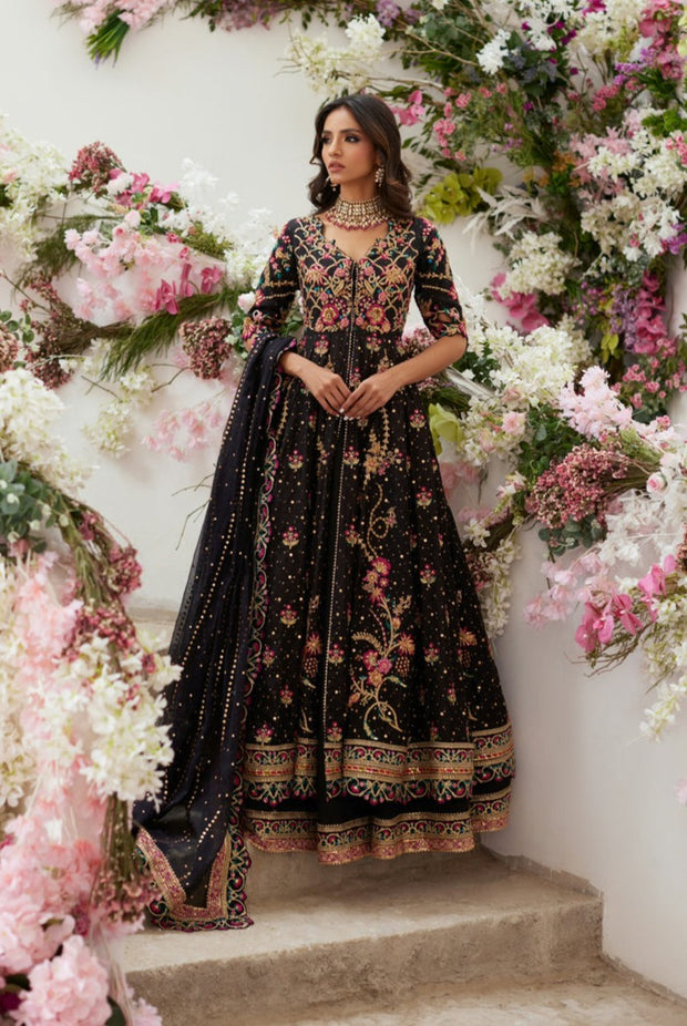 bride black wedding dress pakistani Black Embroidered Net Maxi Dress: Pakistani Bridal Outfit Eid