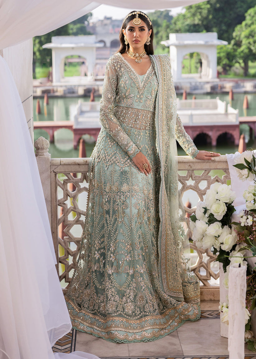 Royal Pakistani Wedding Dress in Blue Net Gown Dupatta Style
