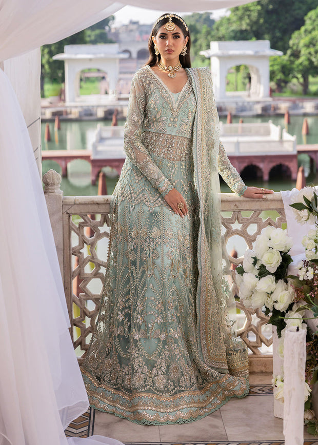 Royal Pakistani Wedding Dress in Blue Net Gown Dupatta Style