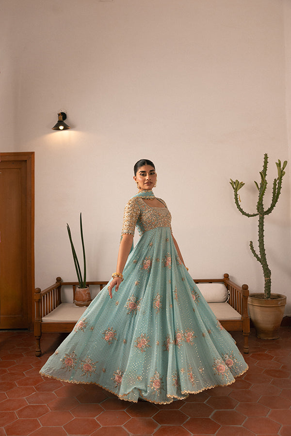 Royal Pakistani Wedding Dress in Blue Pishwas Frock Style