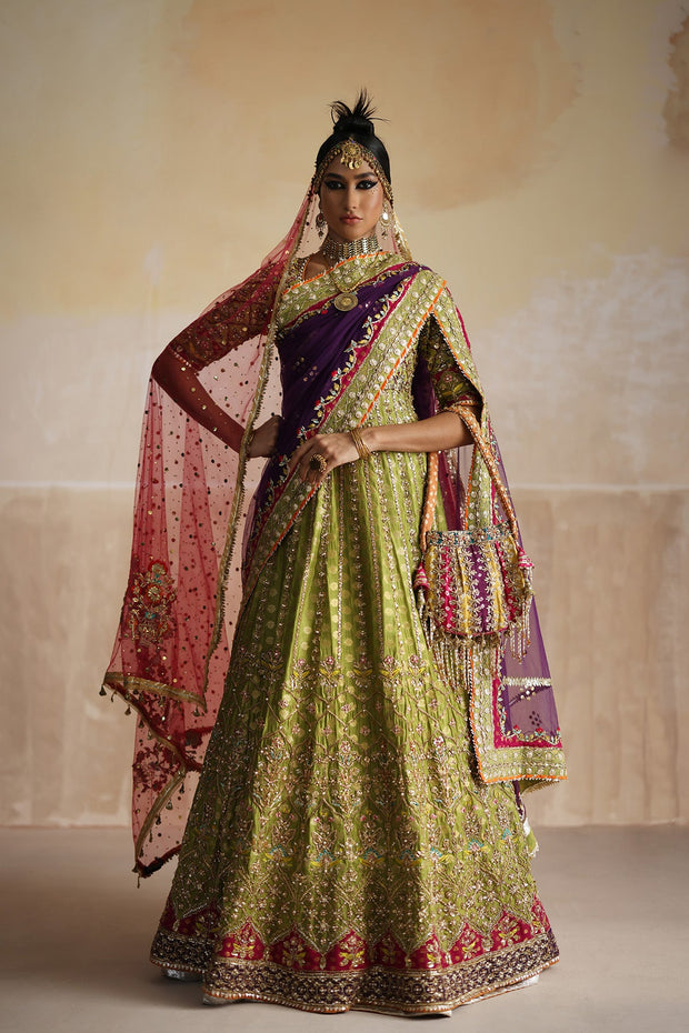 Royal Pakistani Wedding Dress in Lime Green Pishwas Style