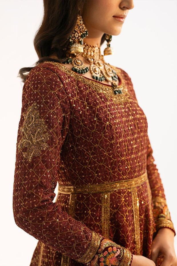 Royal Pakistani Wedding Dress in Maroon Anarkali Frock Style