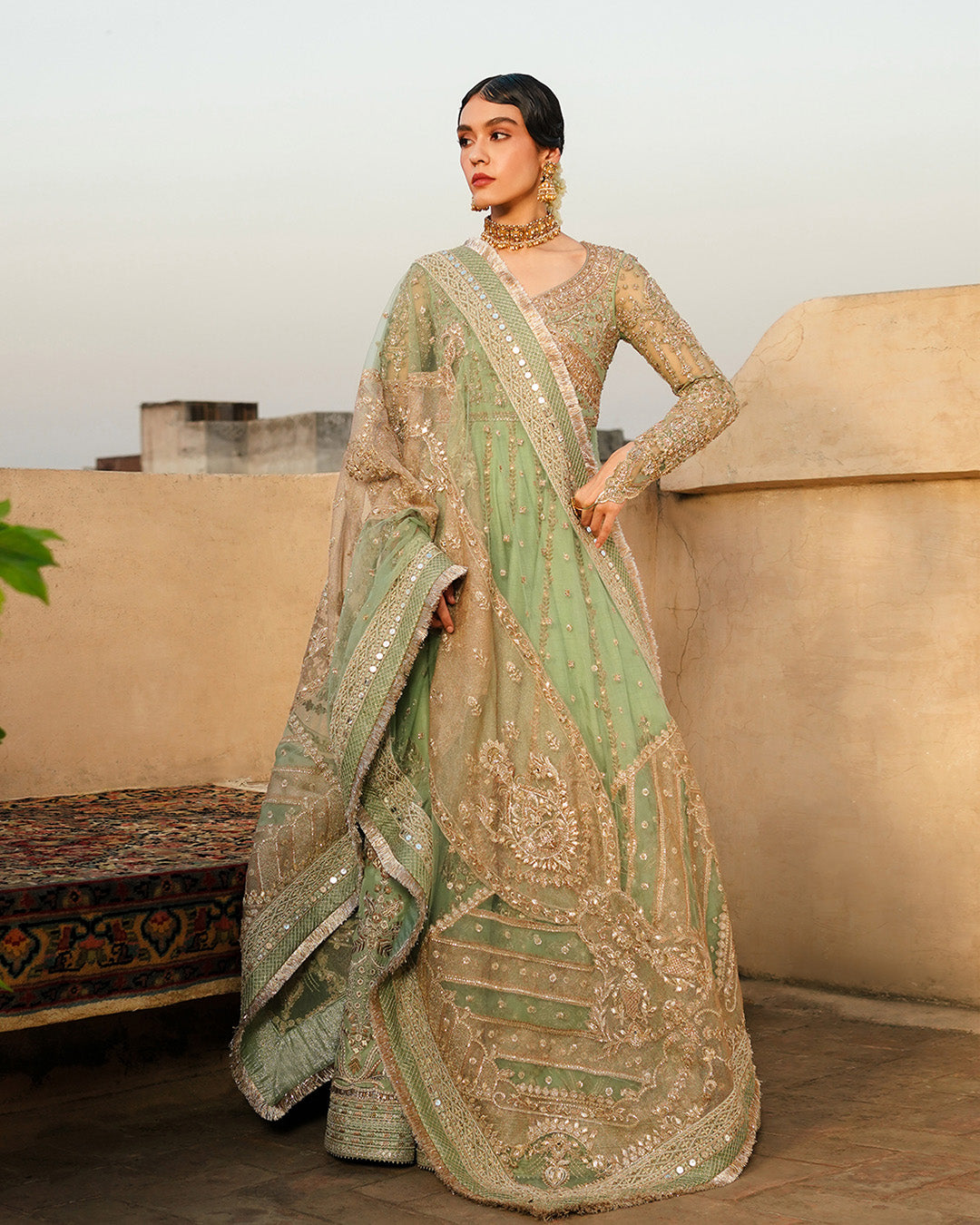 Royal Pakistani Wedding Dress in Raw Silk Pishwas Frock Style
