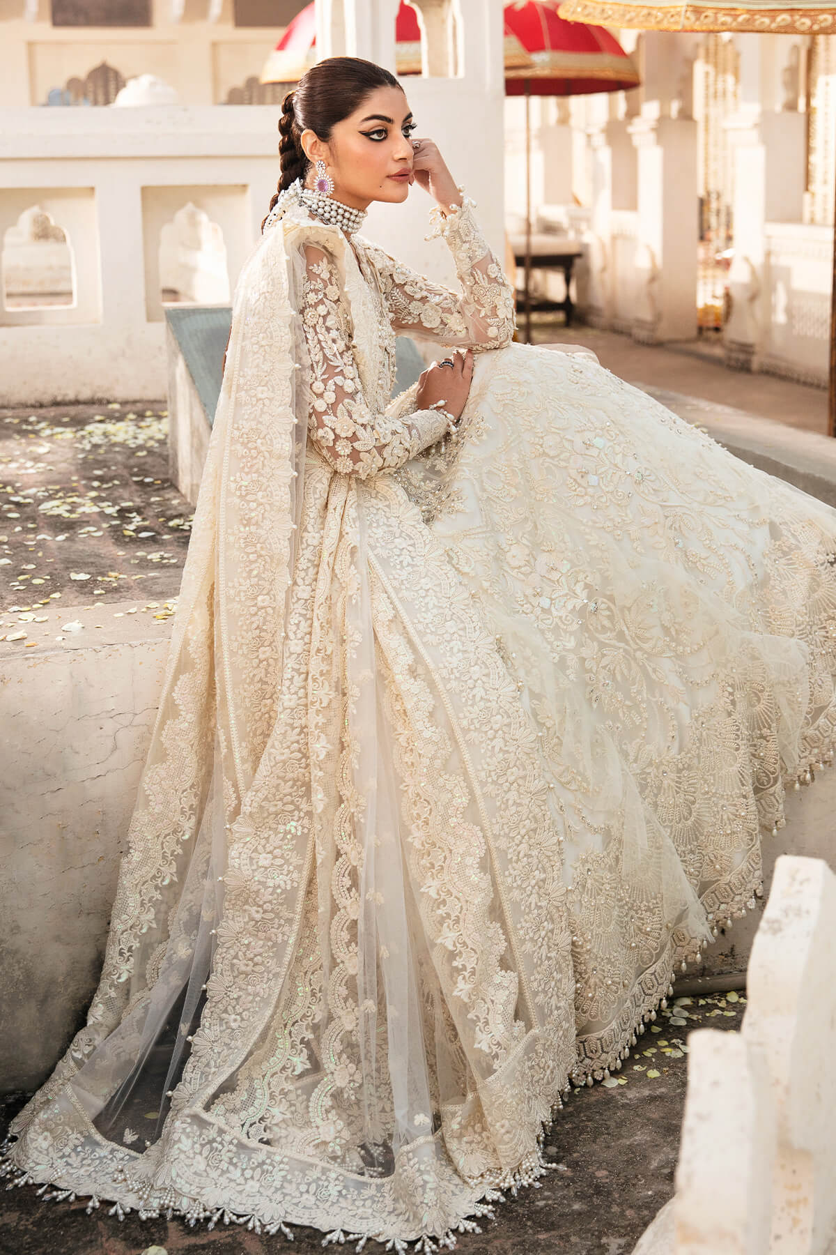 Pakistani Wedding Dress in White Gown and Dupatta Style – Nameera by Farooq