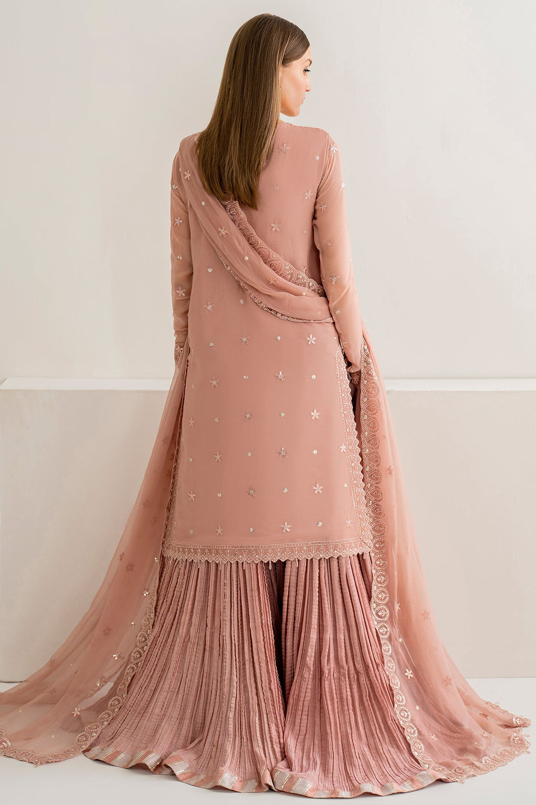 Royal Peach Pakistani Kameez in Crushed Sharara Style