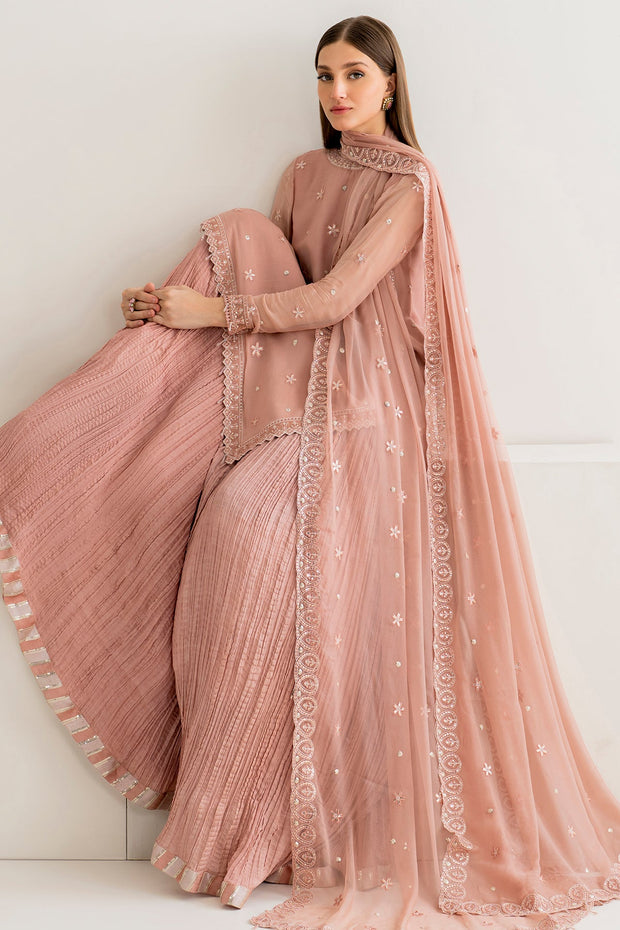 Royal Peach Pakistani Salwar Kameez Crushed Sharara Style