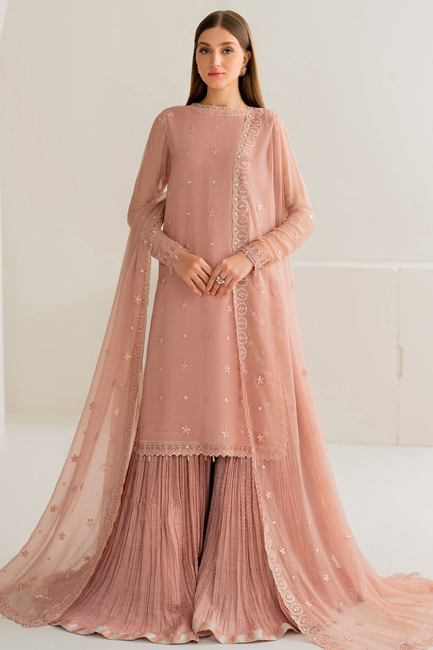 Royal Peach Pakistani Salwar Kameez Crushed Sharara