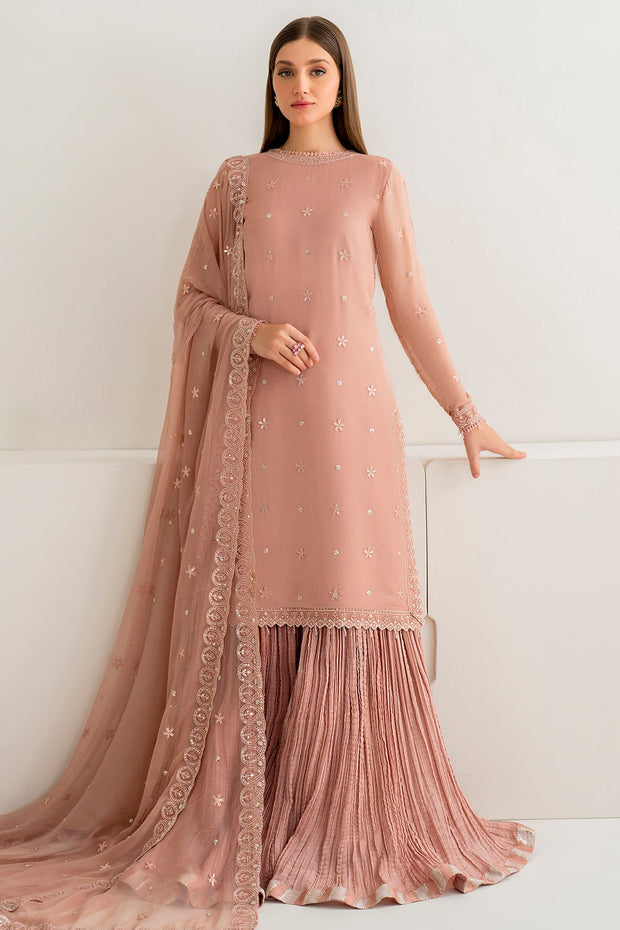 Royal Peach Pakistani Salwar Kameez in Crushed Sharara Style