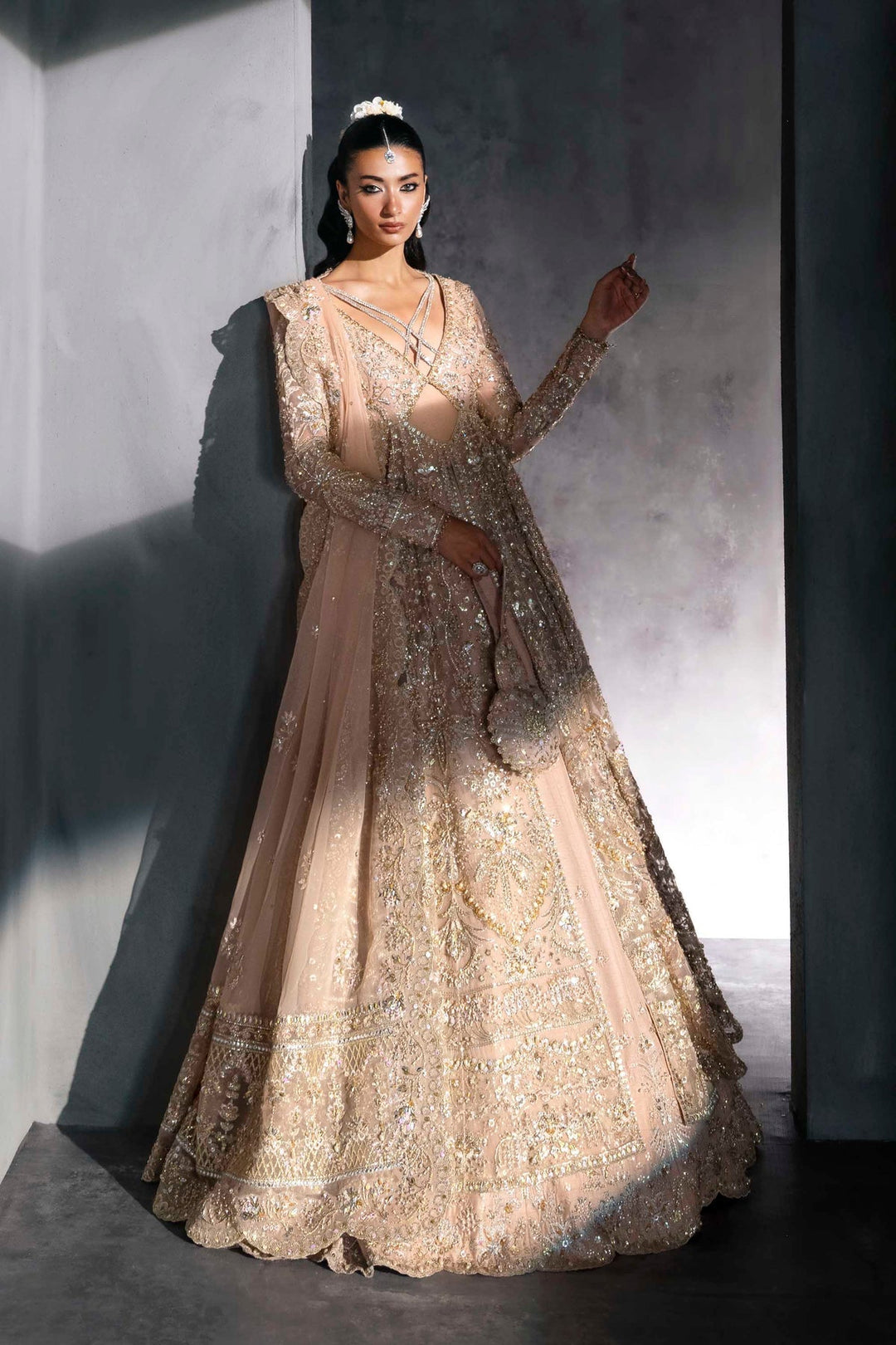 Stunning Pink Pakistani Bridal Dress in Gown Lehenga Style