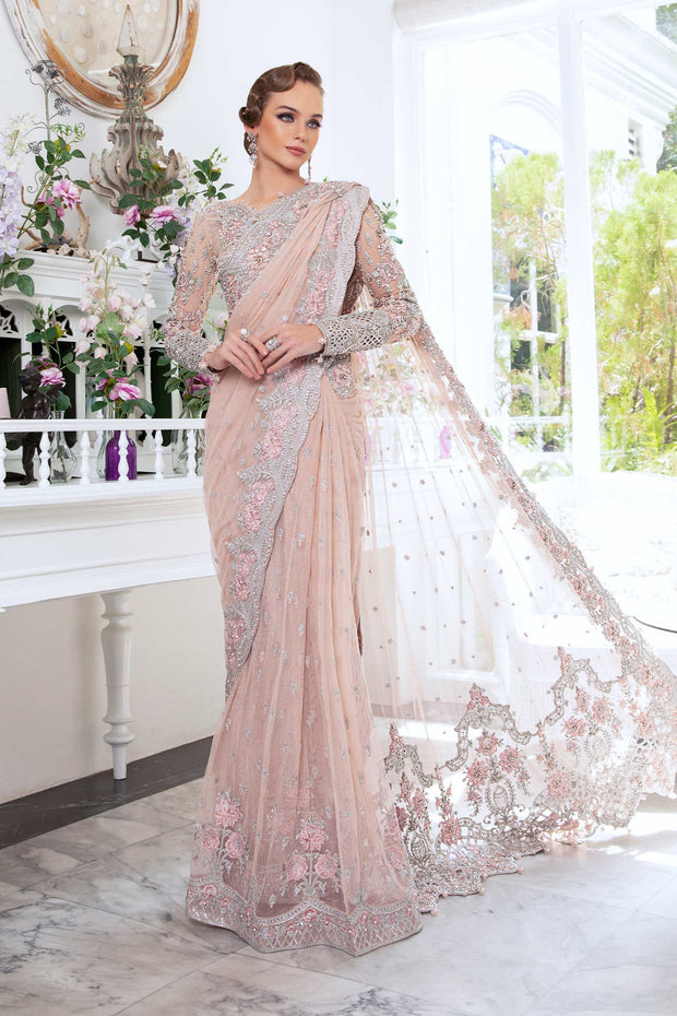 Royal Pink Pakistani Wedding Dress in Net Saree Style