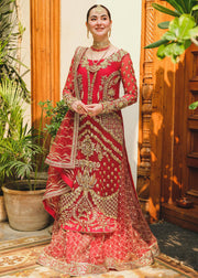 Royal Red Embroidered Pakistani Wedding Dress in Kameez Sharara Style