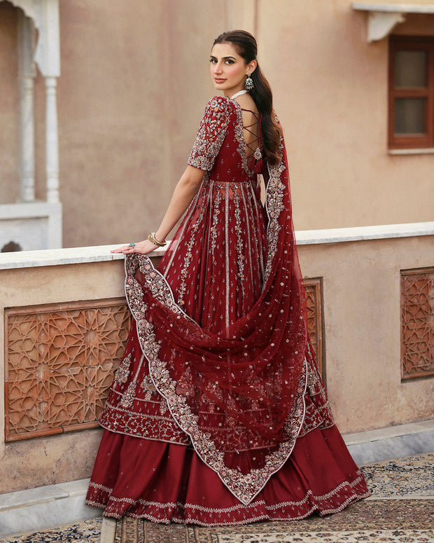 Royal Red Pakistani Bridal Dress in Sharara and Shirt Style