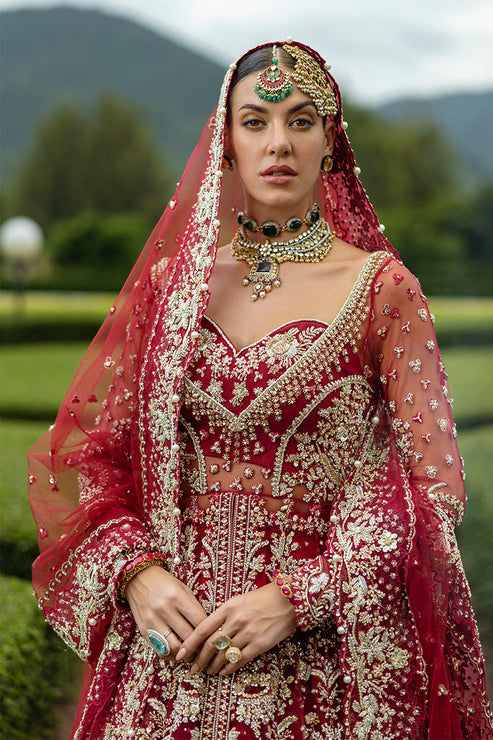 Royal Red Pakistani Bridal Dress in Shirt and Lehenga Style