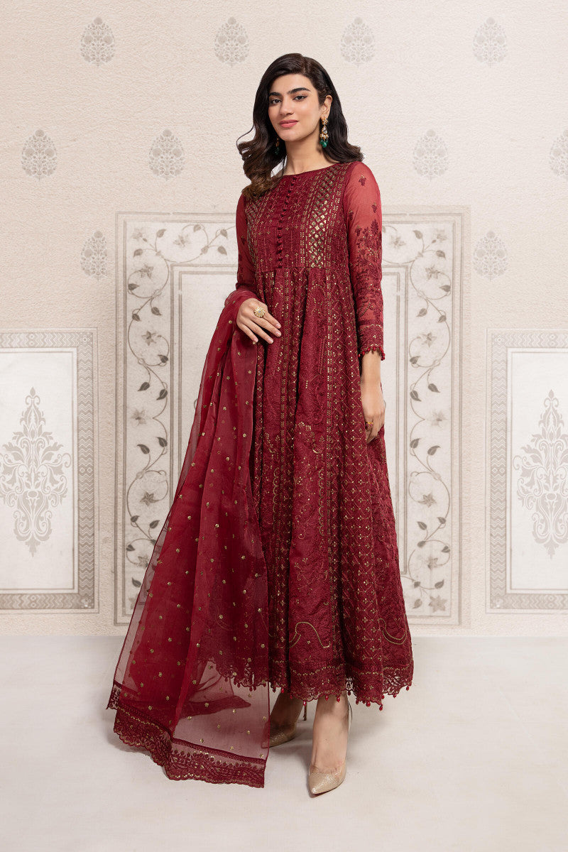 Royal Red Shade Chikankari Pakistani Party Dress In Long Frock Style royal-red-shade-chikankari-pakistani-party-dress-in-long-frock-style