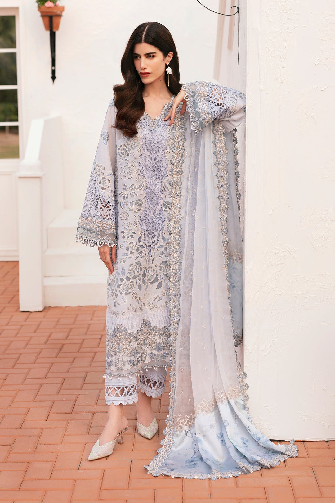 Royal Sky Blue Embroidered Pakistani Salwar Kameez in Schiffli Design