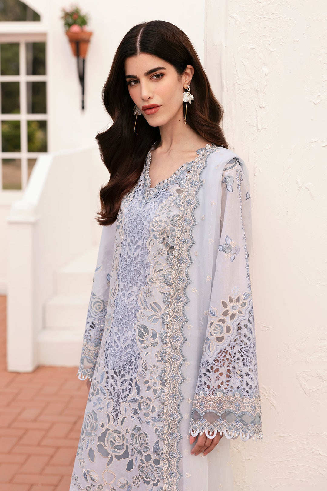 Royal Sky Blue Embroidered Salwar Kameez in Schiffli Design
