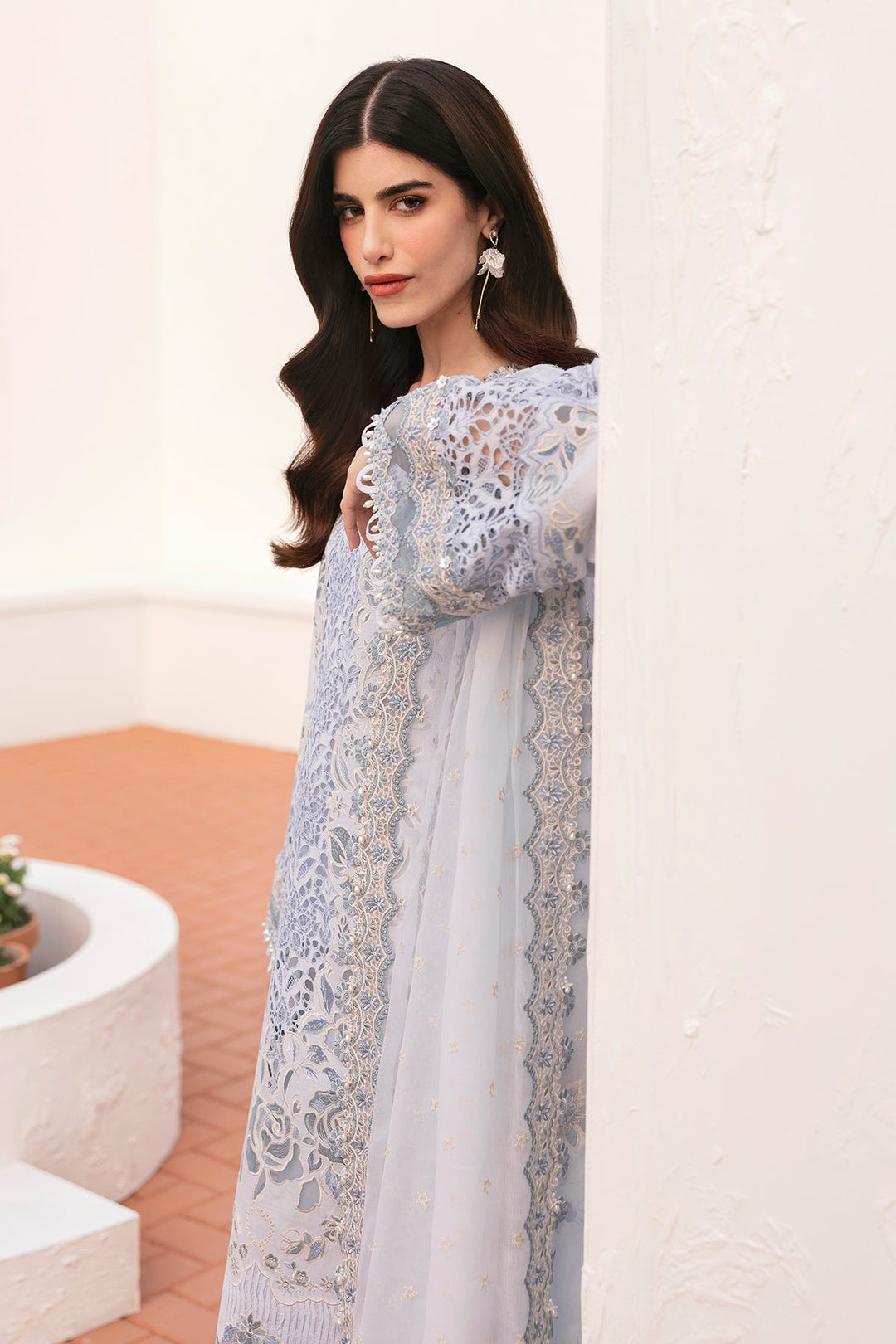 Royal Sky Blue Pakistani Salwar Kameez in Schiffli Design