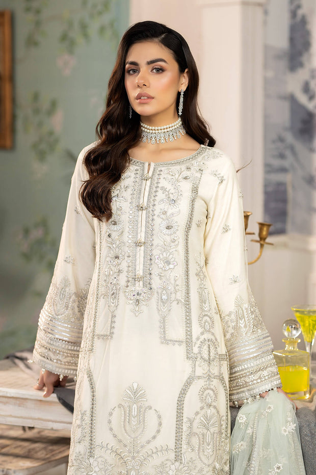 Royal White Pakistani Party Dress in Kameez Trouser Style
