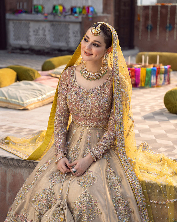 Royal Yellow and Tea Pink Contrast Pakistani Bridal Dress Lehenga Choli