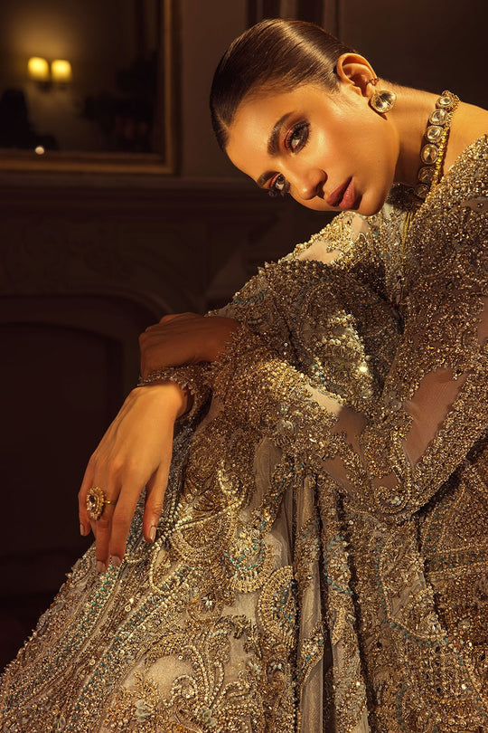 Royal Gold Embroidered Pakistani Bridal Dress Pishwas Frock Dupatta