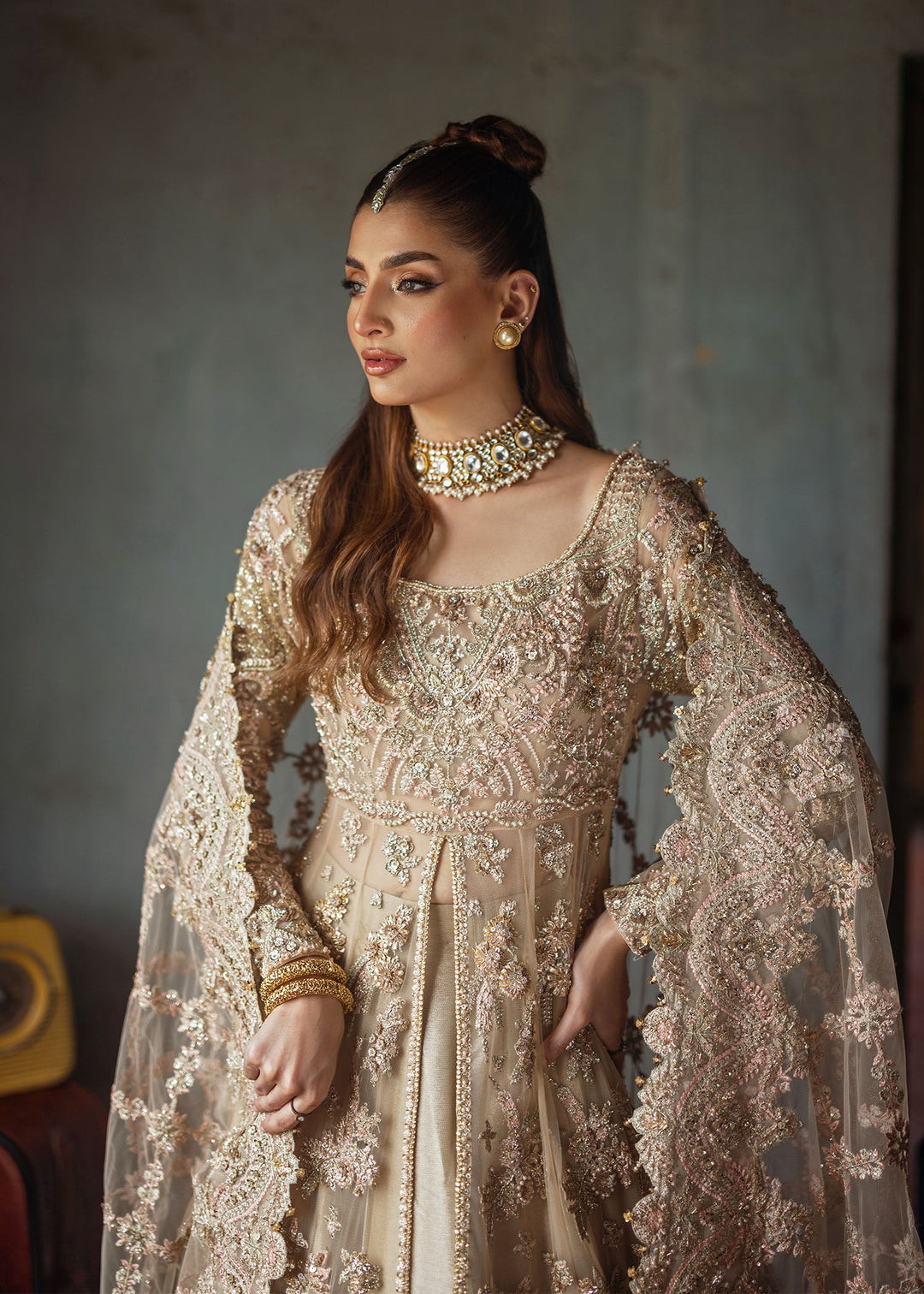 Royal Golden Pakistani Bridal Dress in Gown Lehenga Style