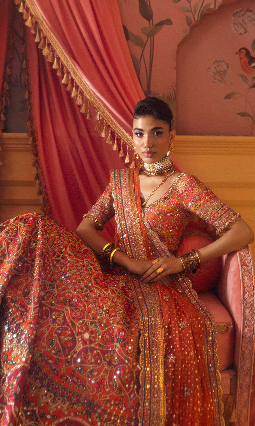 Royal Indian Bridal Dress in Orange Lehenga and Choli Style