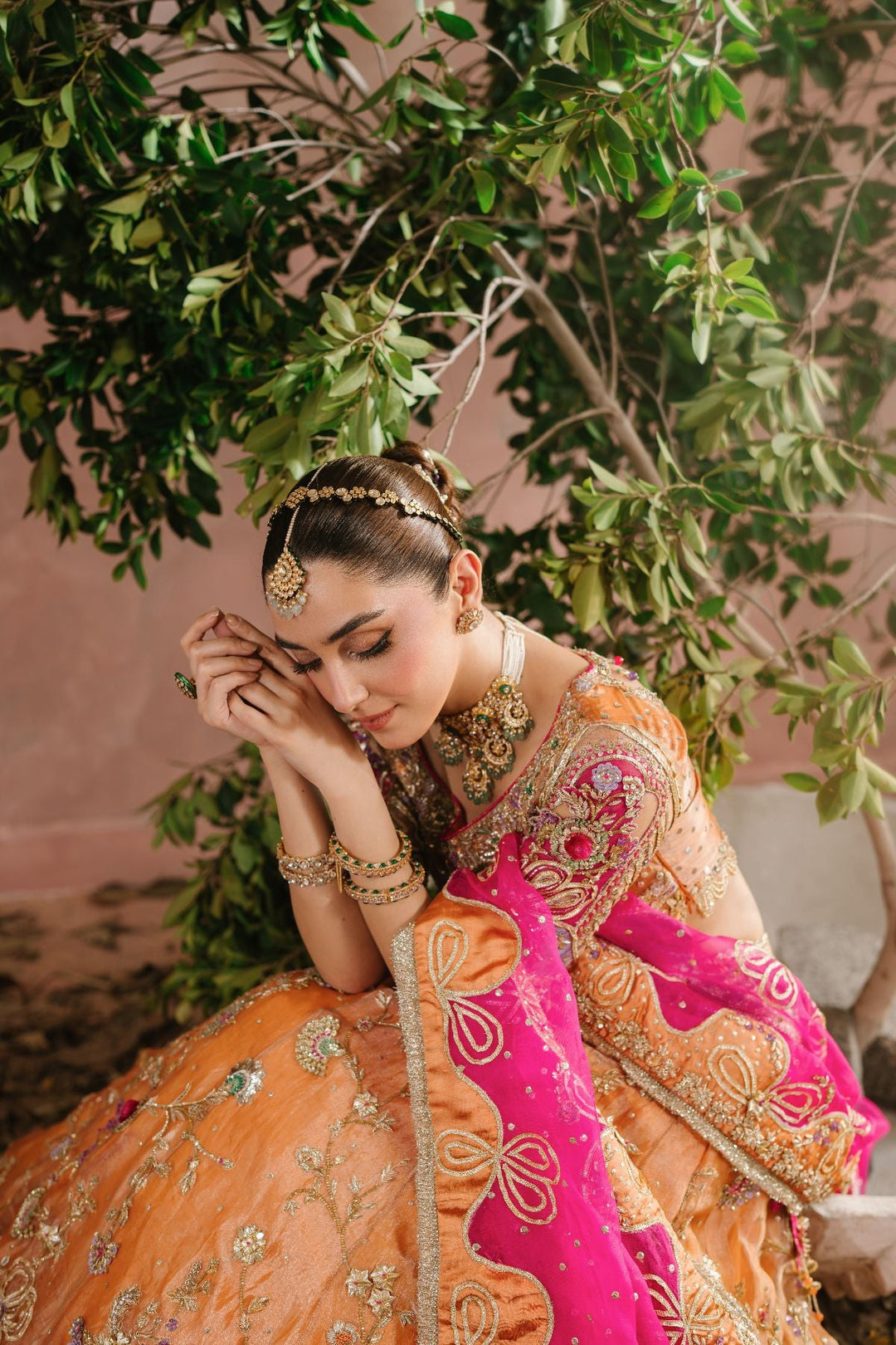 Royal Pakistani Bridal Dress in Choli and Rust Lehenga Style