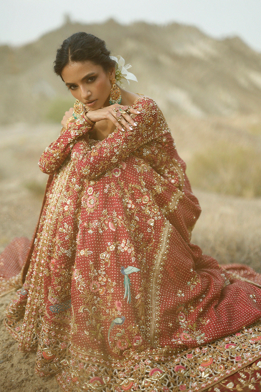 Royal Pakistani Bridal Dress in Crimson Lehenga Pishwas Style