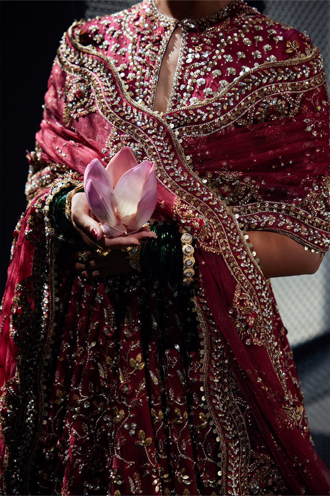 Royal Pakistani Bridal Dress in Crimson Red Pishwas Style