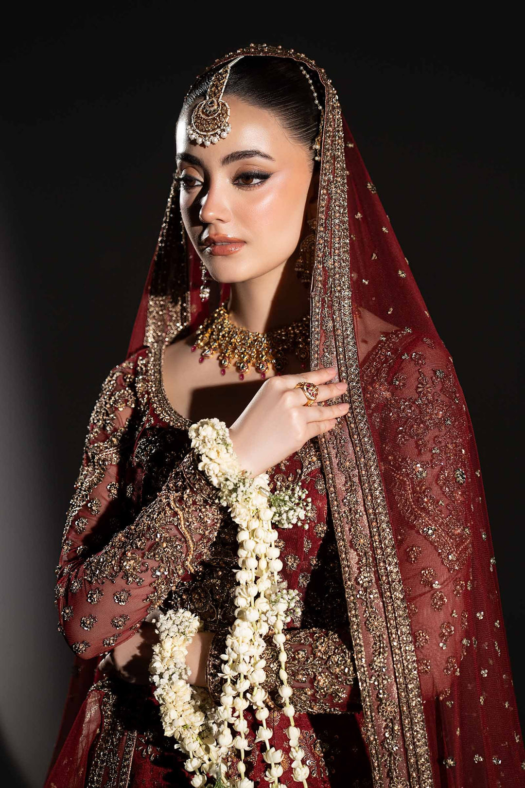 Royal Pakistani Bridal Dress in Deep Red Lehenga Choli Style