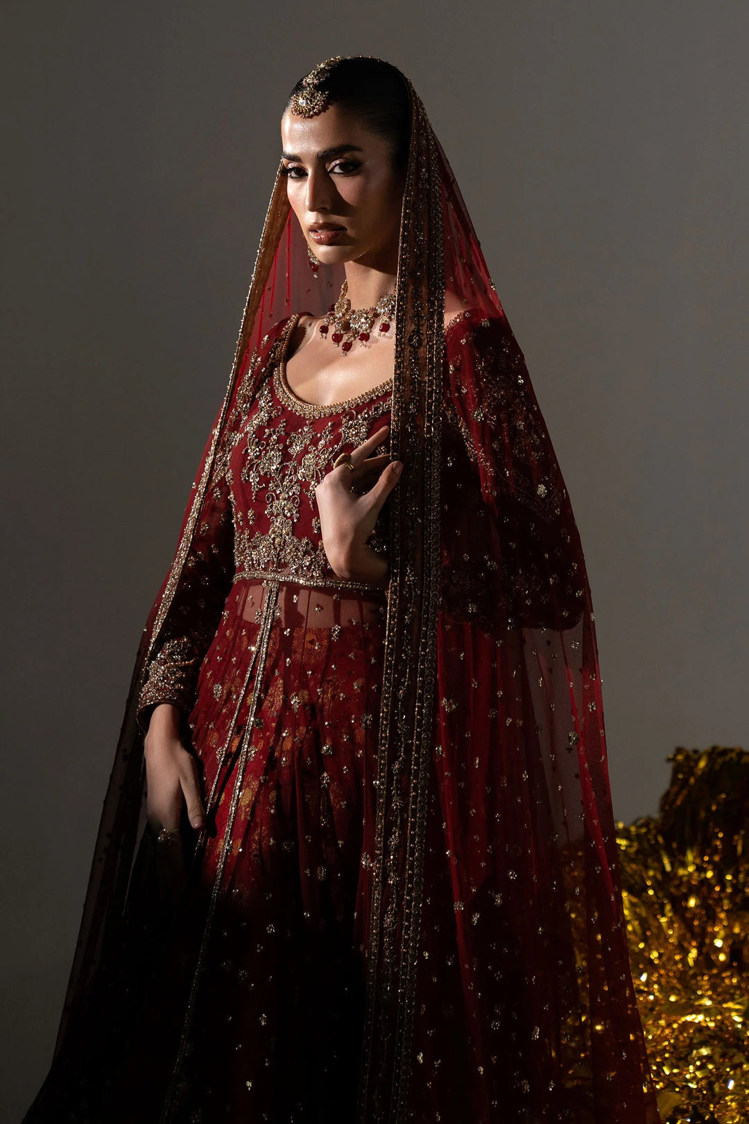 Royal Pakistani Bridal Dress in Deep Red Pishwas Lehnga Style