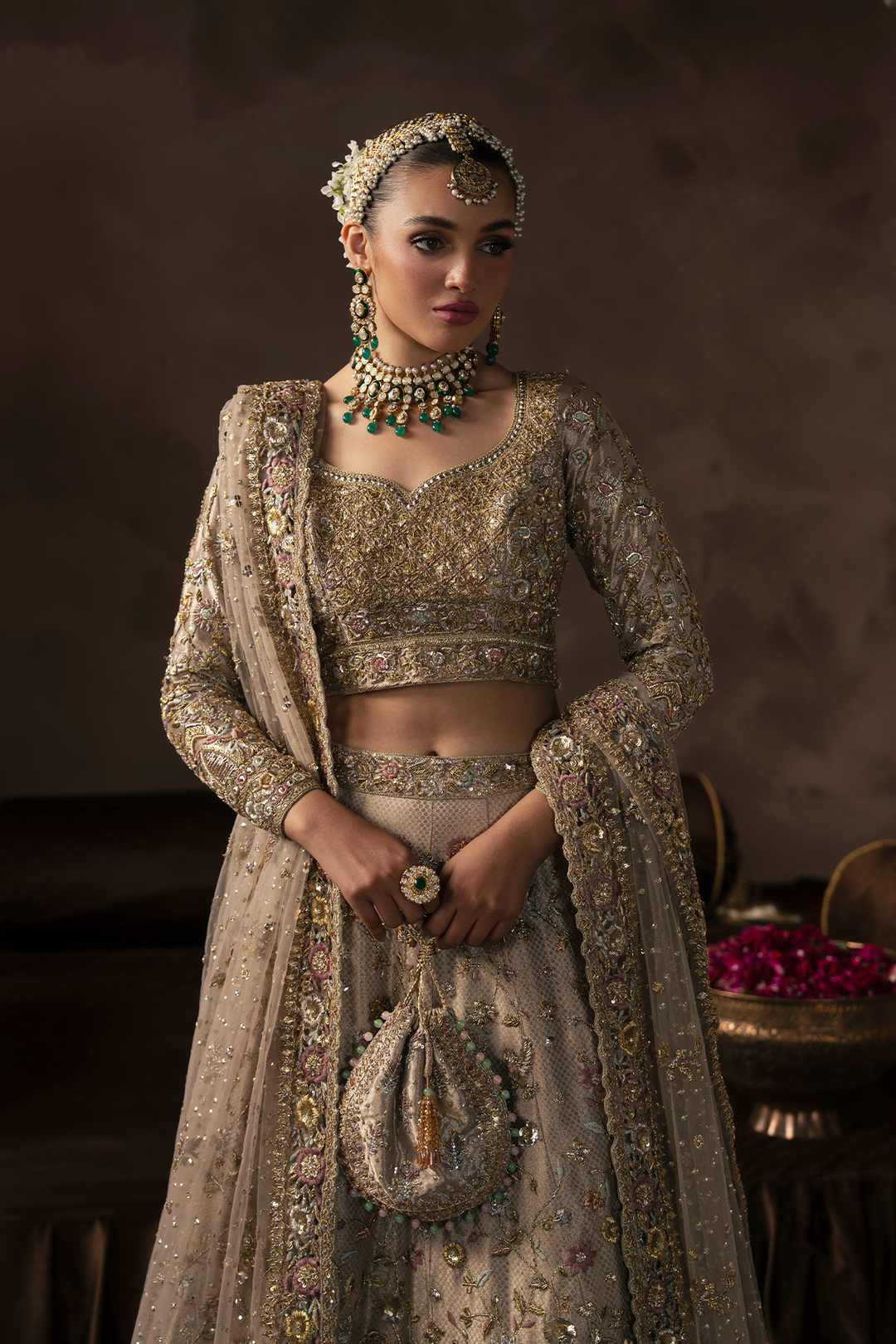 Pakistani Bridal Dress in Dull Gold Lehenga Choli Style