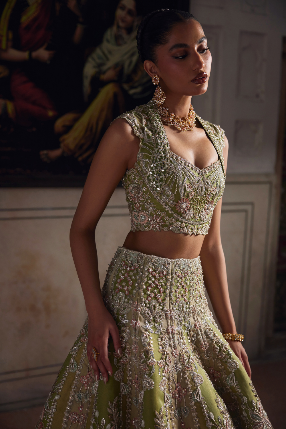 Royal Pakistani Bridal Dress in Green Choli and Lehenga Style