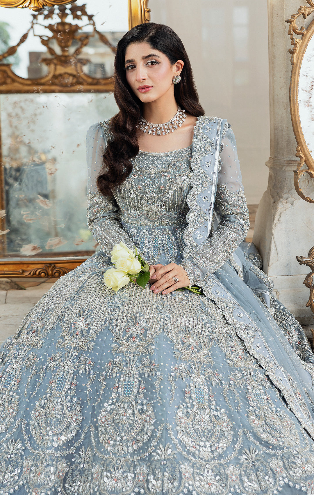 Royal Pakistani Bridal Dress in Ice Blue Pishwas Lehnga Style