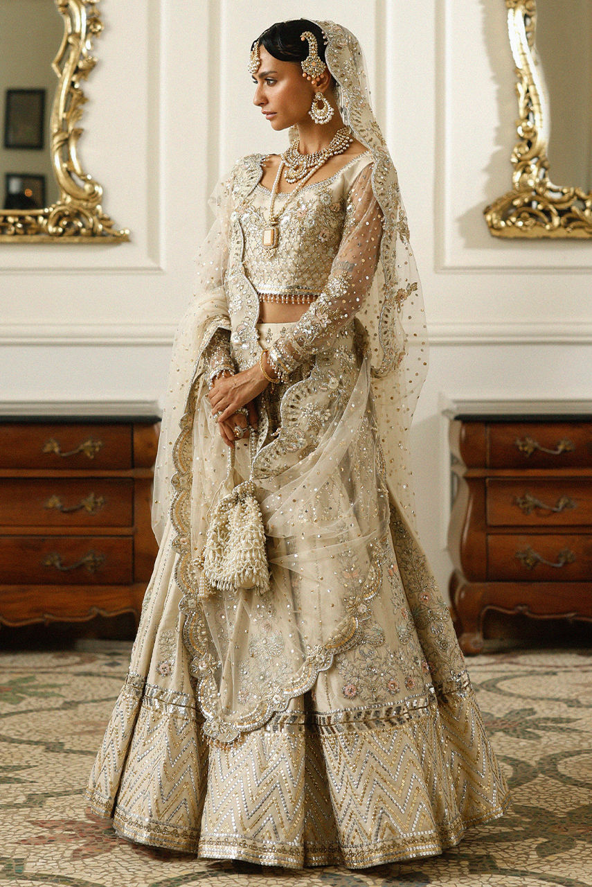 Royal Pakistani Bridal Dress in Ivory Choli Lehenga Style