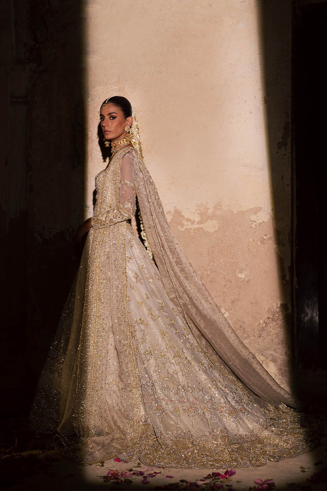 Royal Pakistani Bridal Dress in Ivory Choli and Lehenga Style