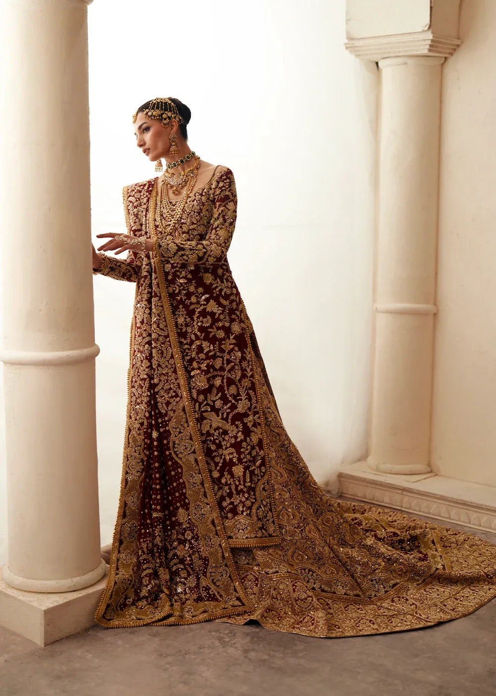 Pakistani Bridal Dress in Maroon Kameez Lehenga Style – Nameera by Farooq