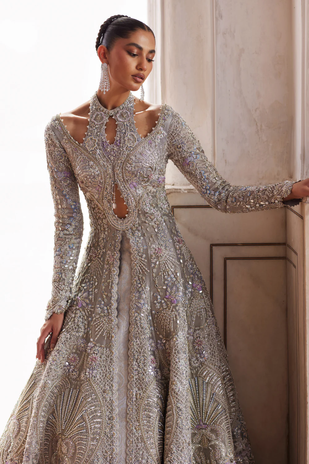 Royal Pakistani Bridal Dress in Open Gown and Lehenga Style